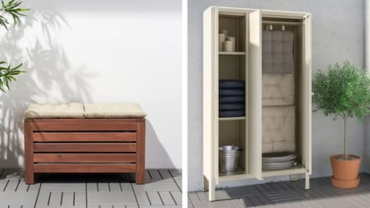 Un banco con almacenaje y un armario de exterior que pueden encontrarse en Ikea.