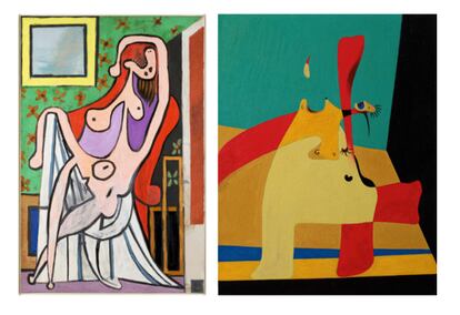 La irrupción del surrealismo en 1924 facilita que Picasso se acerque a la pintura de su joven compatriota Joan Miró. Se pueden ver las similitudes entre 'Gran desnudo en su sillón rojo' (1929), de Picasso, y 'Llama en el espacio y mujer desnuda' (1932), de Miró. 