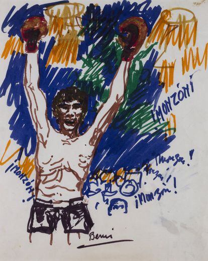 Dibujo en marcador sobre el boxeador Carlos Monzón, de 1977.