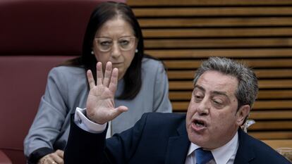 El portavoz parlamentario de Vox en la Comunidad Valenciana, José María Llanos, delante de la presidenta de las Cortes Valencianas, Llanos Massó, también de la formación ultra, durante el debate de este miércoles.