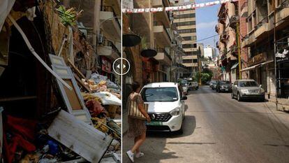 A la izquierda, la calle Gemmayzeh de Beirut (Líbano) el 3 de agosto de 2020. A la derecha, en la actualidad.