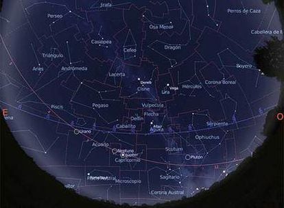 Mapa de la primera parte de la noche con datos obtenidos del programa Stellarium y calculados para el 15 de octubre. Este mapa muestra el cielo visible a primera hora de la noche.