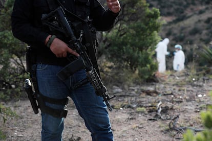 Investigadores forenses trabajan bajo la protección de las fuerzas de seguridad, en Chihuahua, en una imagen de archivo.