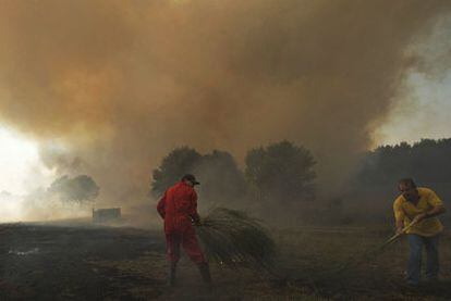 Vecino de Gulfar, en A Peroxa (Ourense), luchan con ramas contra el avance de un incendio. Al fondo, a la izquierda, un tractor suelta purines para sofocar el fuego.