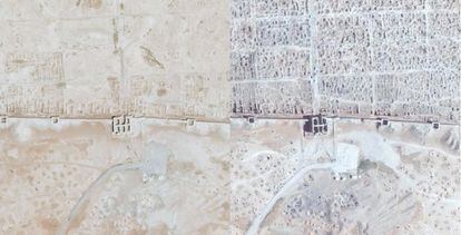 Dues imatges de Dura Europos, del 4 de setembre de 2011 (esquerra) i del 2 d'abril de 2014 (dreta). Els signes de saqueig es poden observar en les muralles de Dura Europos, ja que la majoria de les ruïnes resulten ara irreconeixibles.
