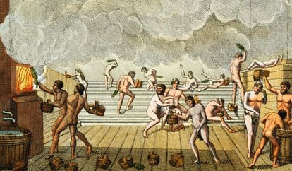 Pintura que retrata una sauna finlandesa en el siglo XIX.