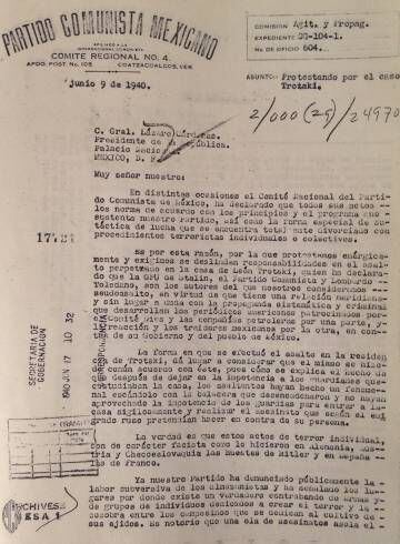 Carta contra Trotski dirigida al presidente Lázaro Cárdenas por el Partido Comunista Mexicano.