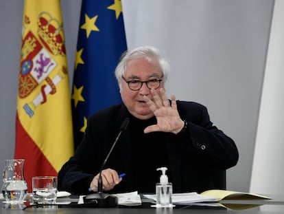 El ministro de Universidades, Manuel Castells, durante la rueda de prensa de este miércoles.