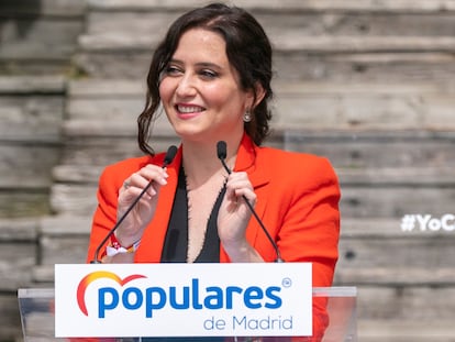 La presidenta de la Comunidad de Madrid y candidata a la reelección, Isabel Díaz, durante la presentación de la candidatura del PP para las elecciones autonómicas del 4 de mayo, este miércoles en el Auditorio del Parque Lineal del Manzanares.