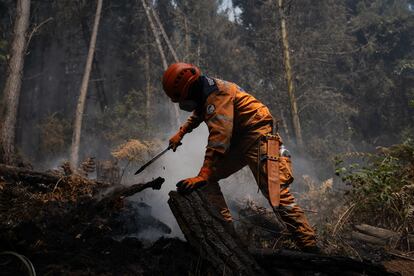 Member of the Civil Guard builds a "defense line" to try to stop the spread of the flames.