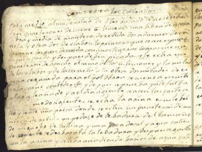 Manuscrito del recetario del siglo XVIII.