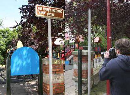 Imagen del parque de Hernani con las placas dedicadas al etarra José Manuel Ariztimuño, <i>Pana</i> (izquierda), y tras haber sido retiradas.