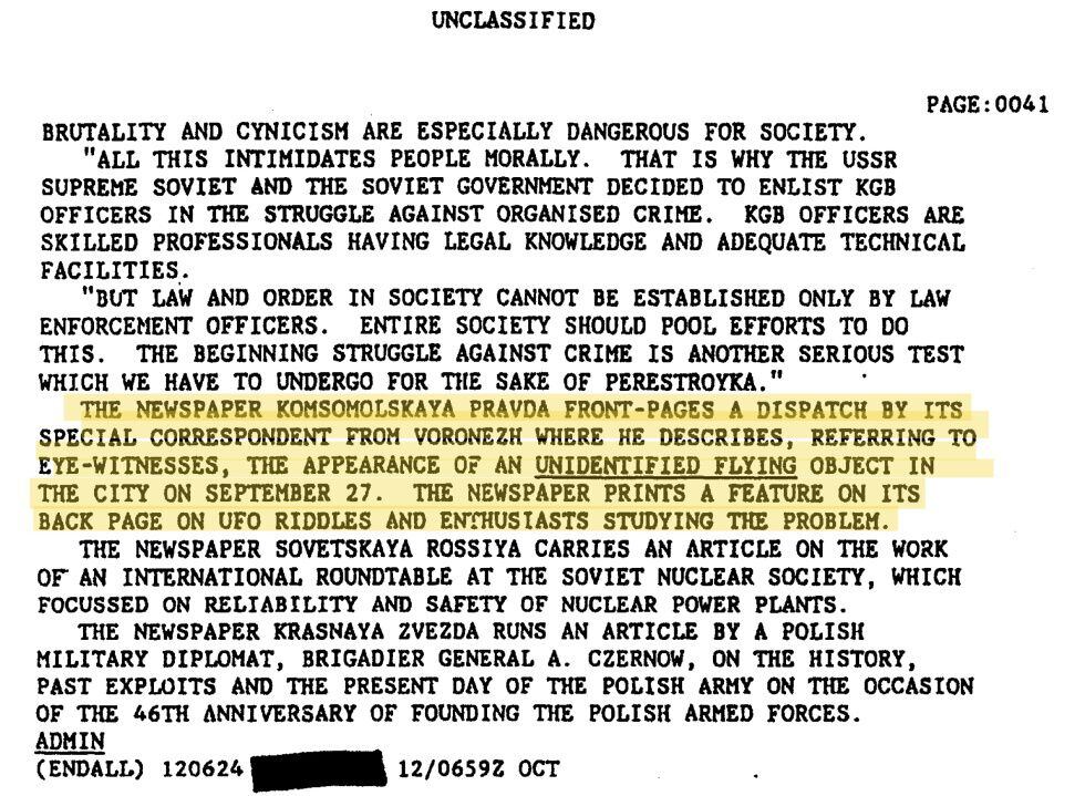 Un fragmento del documento de la CIA desclasificado donde se hace referencia a la historia de Voronezh en la prensa rusa. El documento puede consultarse en <a href=