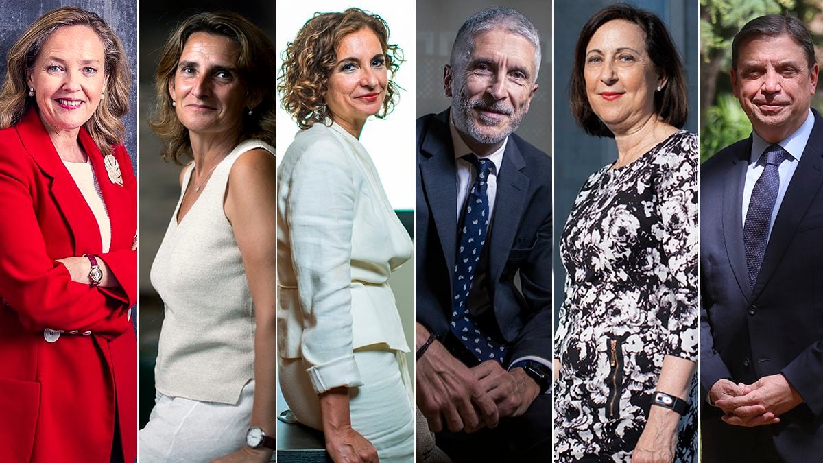 Nadia Calviño, Teresa Ribera, María Jesús Montero, Fernando grande-Marlaska, Margarita Robles y Luis Planas.