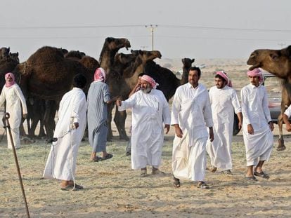 Un grupo de personas con sus camellos, en la zona del desierto de Arabia Saud&iacute; que linda con Qatar. 