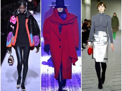 De izquierda a derecha, propuestas con guiños ochenteros de la colección otoño-invierno 2018 de Tom Ford, Marc Jacobs y Balenciaga, respectivamente.