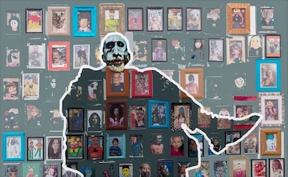 Personaje siete. El fondo es un fragmento de las producciones de los estudiantes del Colegio "Ntra. Sra. de la Candelaria” en Benagalbón, Málaga.