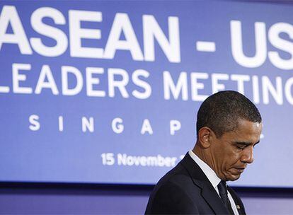 Barack Obama durante una comparecencia de prensa en la cumbre de la Asociación  de Naciones del  Sudeste Asiático (ASEAN), celebrada en Singapur