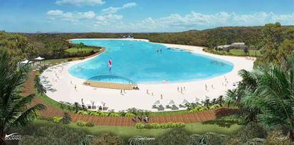 Recreaci&oacute;n de la laguna con playa del proyecto de ocio y casinos de Cordish.