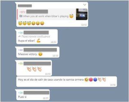 Una captura de pantalla del chat de Whatsapp de las peñas internacionales del Eibar.