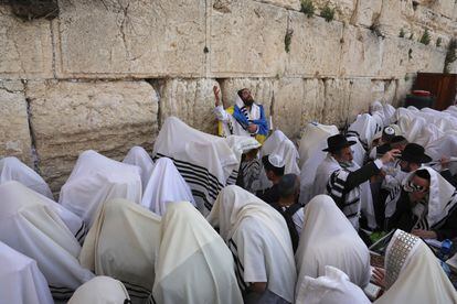 Orthodox Jews during the priestly blessing, Monday at the Western Wall in Jerusalem.