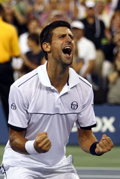 Djokovic celebra su victoria ante Nadal en Flushing Meadows.
