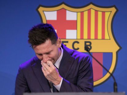 Lionel Messi, durante su rueda de prensa de despedida del Barcelona, en agosto de 2021.