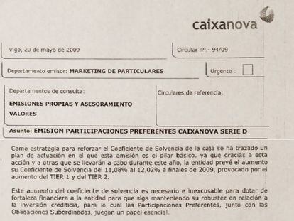 Extracto de circular interna de Caixanova de mayo de 2009.