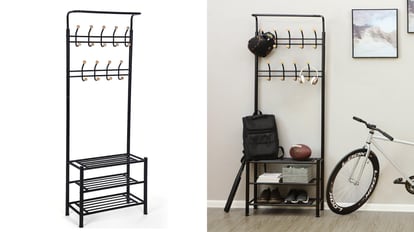 This is a shoe rack with triple shelf and shoe rack made of a metal structure.
