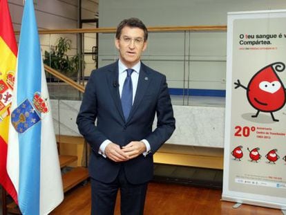 Feijóo, durante el discurso grabado en el Centro de Transfusión de Galicia.