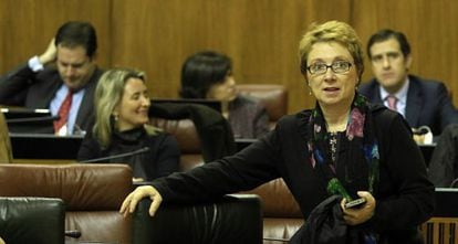 Camen Martínez Aguayo, en su escaño en el Parlamento. Detrás, la diputada del PP Carolina Fernández Vigo.