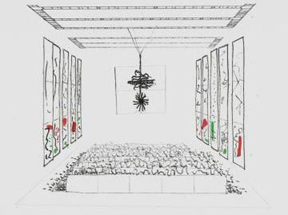 El espacio diseñado por Sociedad 0 para celebrar las conferencias (los ponentes también se tumbarán en la cama) está lleno de camas de Ikea, edredones, almohadas y mantas —"para tener controlado el desorden"— una pantalla inclinada hacia el expectador y una lámpara-escultura del estilo de las de Guillermo Santomá. |