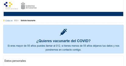 La web de citación para la vacuna del Gobierno de Canarias.