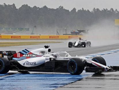El Williams de Lance Stroll, tras salirse de pista en los entrenamientos del GP de Alemania en el circuito de Hockenheim.