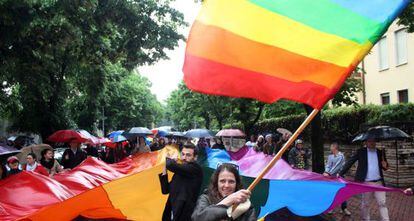 Varios activistas sostienen banderas alusivas a la comunidad LGBT.  