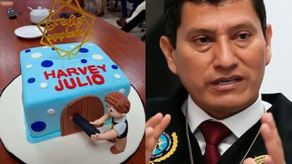 Harvey Colchado y el pastel de su cumpleaños.