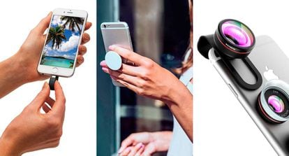 De izquierda a derecha, una memoria flash USB para iPhone, un soporte telescópico para móviles y, a la derecha, el 'kit' de lentes Clip On Fisheye.