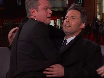 Caray, qué pasa aquí: los dos actores en el momento cumbre del programa de Jimmy Kimmel.