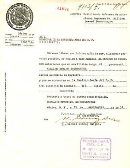 Documento del juez de 1953 para dejar en libertad a Burroughs.