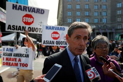 Edward Blum, founder of Students for Fair Admissions (SFFA), speaks to reporters before trial in a lawsuit charging Harvard University.