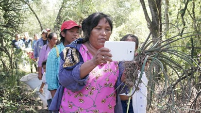 Amancia Silvestre saca fotos de plantas útiles para las artesanías, en un recorrido de campo en el Gran Chaco Argentino.
