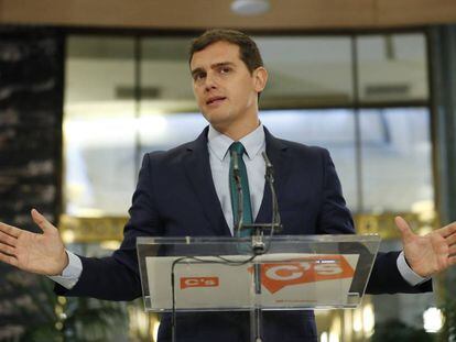 Albert Rivera, durante la rueda de prensa en el Congreso tras la reunión con Mariano Rajoy.