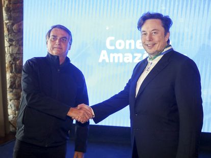 El presidente Bolsonaro y el empresario Elon Musk en el acto Conecta Amazonia este viernes en Porto Feliz, a una hora de São Paulo.