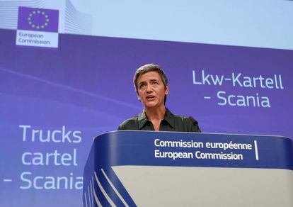 La comisaria europea de Competencia, Margrethe Vestager, en rueda de prensa en Bruselas.    REUTERS/Yves Herman