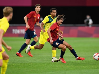 Bryan Gil, en una acción del partido entre España y Australia del grupo C de los Juegos Olímpicos de Tokio, que acabó con victoria de los españoles por 0-1.