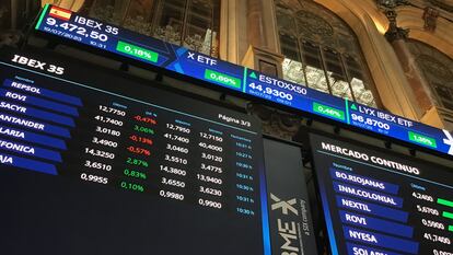 Panel del Ibex 35 en la Bolsa de Madrid
