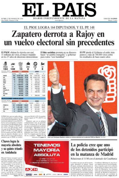 Portada del día después de las elecciones generales de marzo de 2004. El PSOE lograba la mayoría en el Congreso en un vuelco sin precedentes en España.