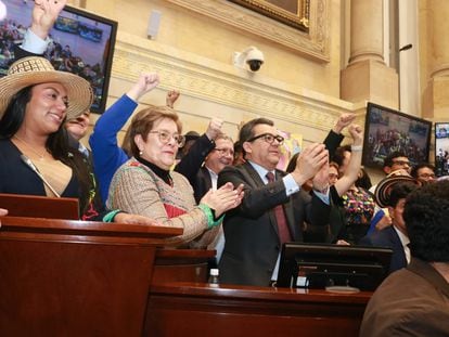 La ministra del Trabajo, Gloria Inés Ramírez, aplaude tras la aprobación del proyecto de reforma pensional en el Senado.