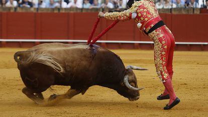 El diestro Morante de la Puebla, pone las banderillas a su segundo toro en la Real Maestranza de Sevilla.