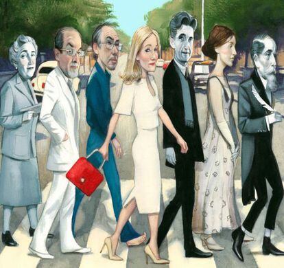 De izquierda a derecha: Agatha Christie, Salman Rushdie, Ian McEwan, J.K. Rowling, George Orwell, Virginia Woolf y Charles Dickens. Ilustración de Fernando Vicente
